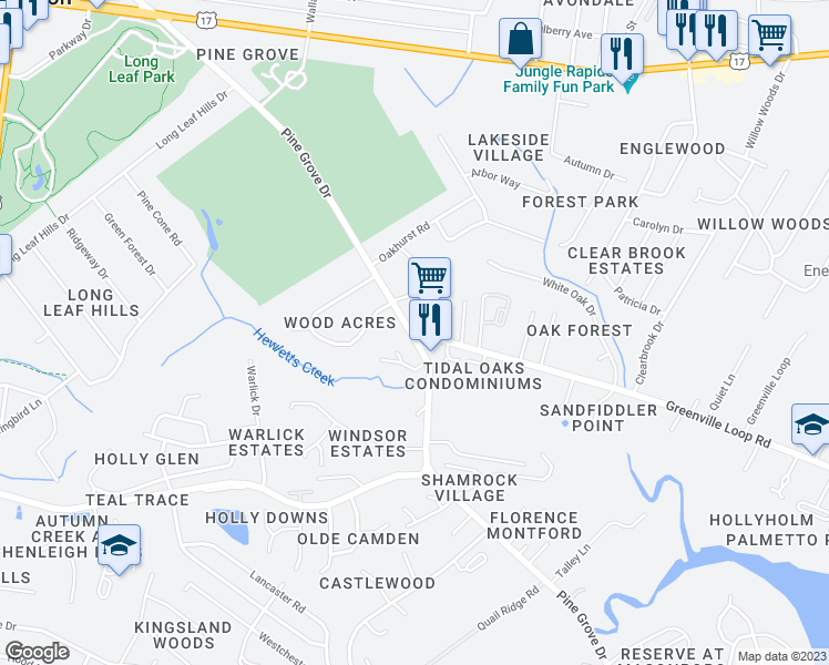 map of restaurants, bars, coffee shops, grocery stores, and more near 541 Greenville Loop Road in Wilmington