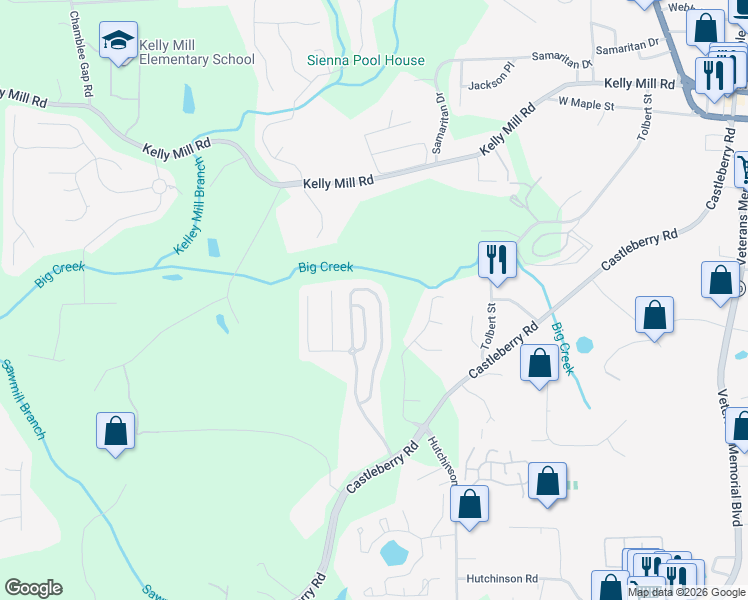 map of restaurants, bars, coffee shops, grocery stores, and more near 3414 Castleberry Village Circle in Cumming