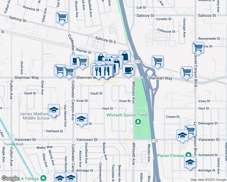map of restaurants, bars, coffee shops, grocery stores, and more near 7106 Teesdale Avenue in Los Angeles