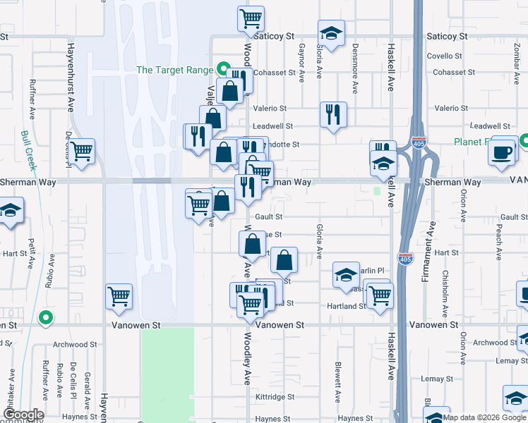 map of restaurants, bars, coffee shops, grocery stores, and more near 16037 Gault Street in Los Angeles