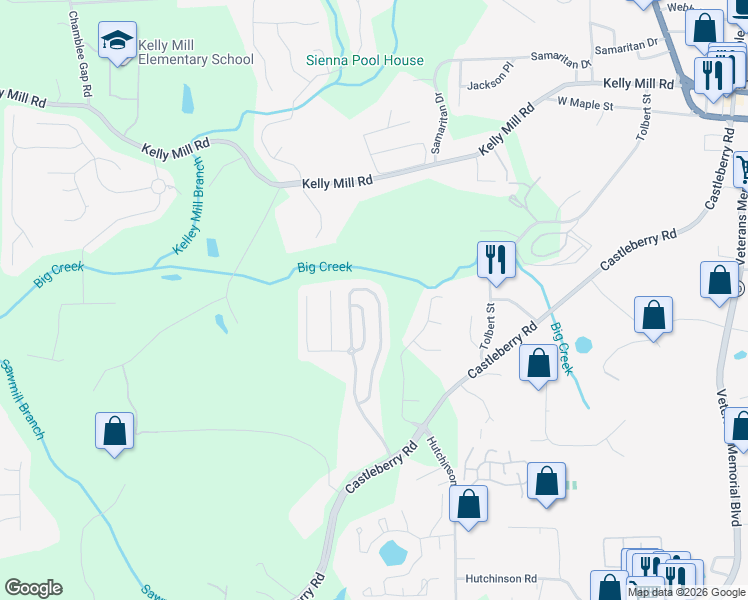map of restaurants, bars, coffee shops, grocery stores, and more near 3405 Castleberry Village Circle in Cumming