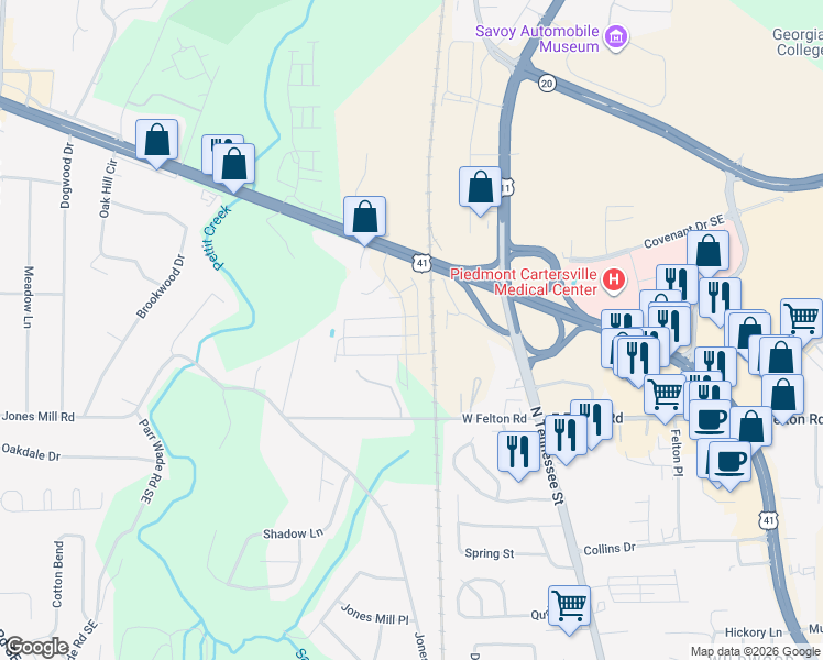 map of restaurants, bars, coffee shops, grocery stores, and more near Beaver Trail in Cartersville