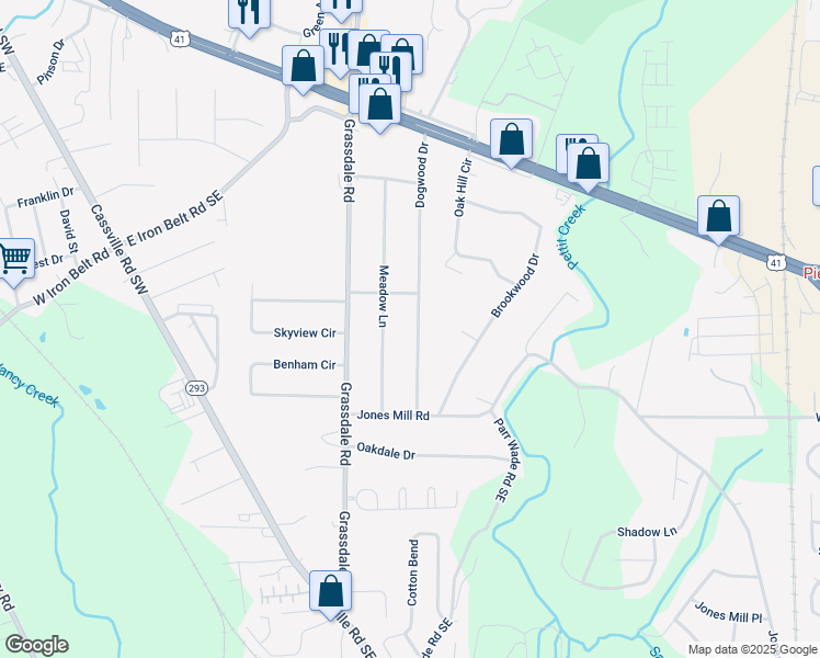map of restaurants, bars, coffee shops, grocery stores, and more near 118 Dogwood Drive in Cartersville