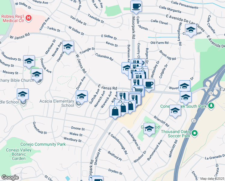 map of restaurants, bars, coffee shops, grocery stores, and more near 1590 Warwick Avenue in Thousand Oaks