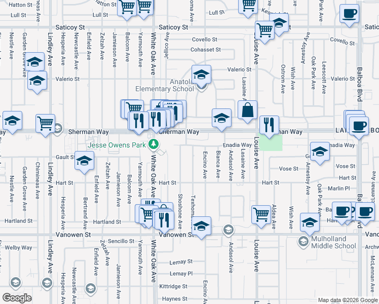 map of restaurants, bars, coffee shops, grocery stores, and more near 7111 Texhoma Avenue in Los Angeles