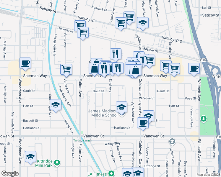map of restaurants, bars, coffee shops, grocery stores, and more near 7119 Wortser Avenue in Los Angeles