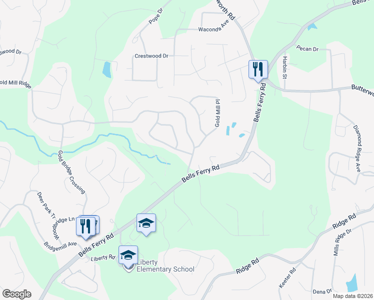 map of restaurants, bars, coffee shops, grocery stores, and more near 304 Downing Creek Trail in Canton