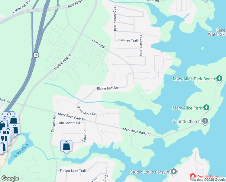 map of restaurants, bars, coffee shops, grocery stores, and more near 1715 Admirals Pointe in Cumming