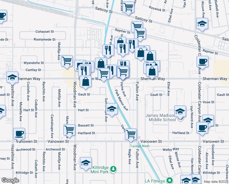 map of restaurants, bars, coffee shops, grocery stores, and more near 7115 Park Manor Avenue in Los Angeles