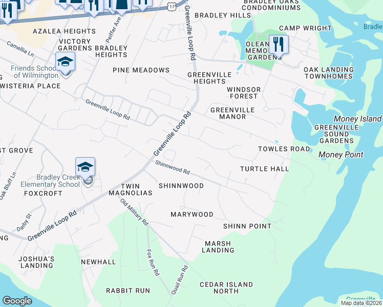 map of restaurants, bars, coffee shops, grocery stores, and more near 6301 Shinn Creek Lane in Wilmington