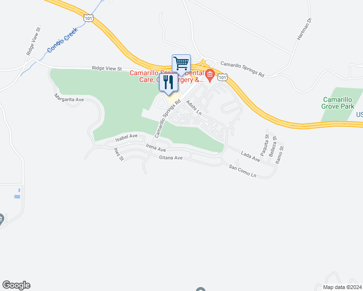 map of restaurants, bars, coffee shops, grocery stores, and more near 6153 Irena Avenue in Camarillo