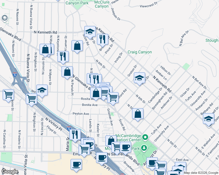 map of restaurants, bars, coffee shops, grocery stores, and more near 508 Hampton Road in Burbank