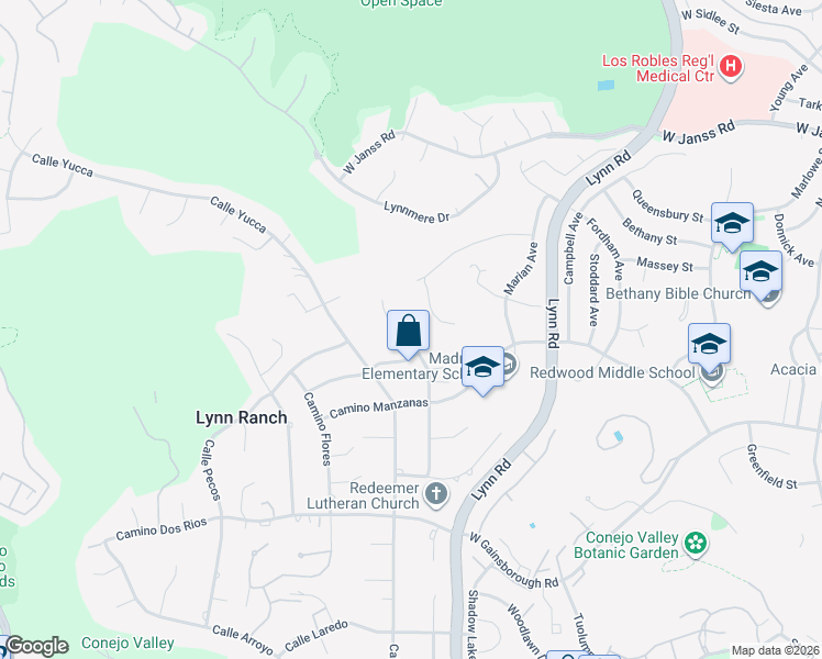 map of restaurants, bars, coffee shops, grocery stores, and more near 1342 Camino Magenta in Thousand Oaks