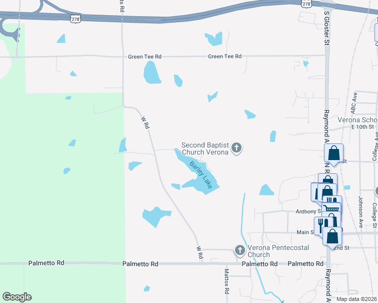 map of restaurants, bars, coffee shops, grocery stores, and more near 134 Still Waters Road in Tupelo