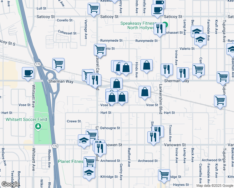map of restaurants, bars, coffee shops, grocery stores, and more near 11933 Vose Street in Los Angeles