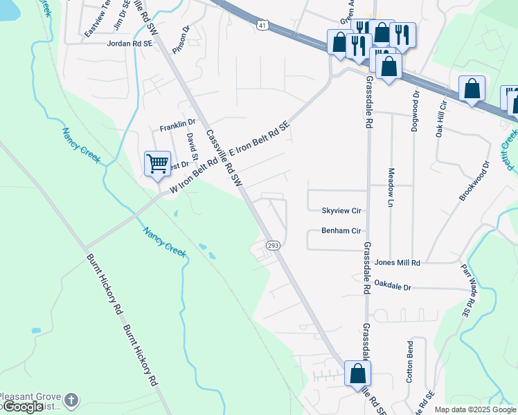 map of restaurants, bars, coffee shops, grocery stores, and more near 617 Cassville Road Southeast in Cartersville