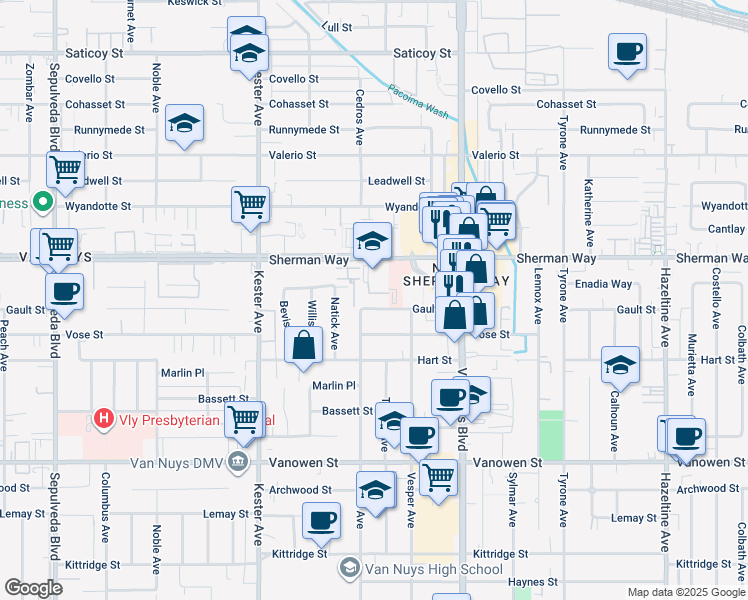 map of restaurants, bars, coffee shops, grocery stores, and more near 14645 Gault Street in Los Angeles