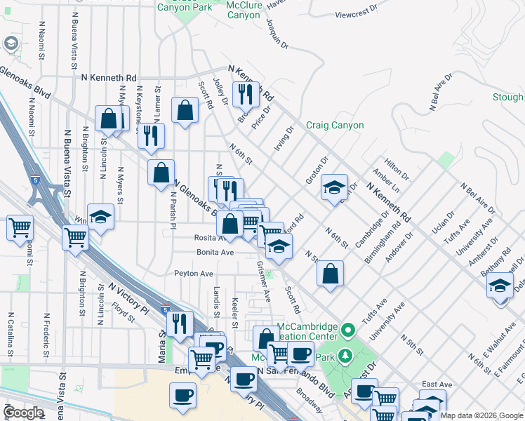 map of restaurants, bars, coffee shops, grocery stores, and more near 508 Hampton Road in Burbank