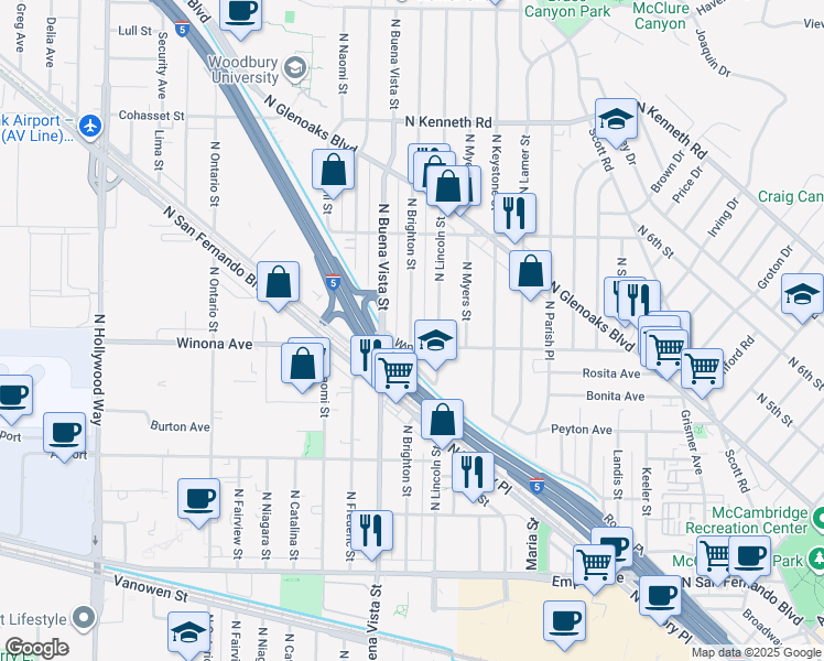 map of restaurants, bars, coffee shops, grocery stores, and more near 2420 North Brighton Street in Burbank