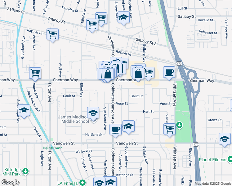 map of restaurants, bars, coffee shops, grocery stores, and more near 7127 Alcove Avenue in Los Angeles
