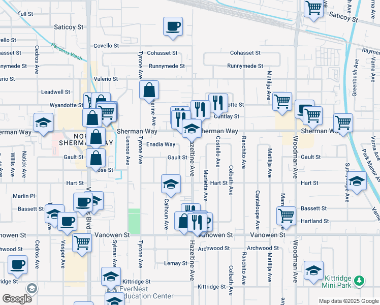 map of restaurants, bars, coffee shops, grocery stores, and more near 7123 Hazeltine Avenue in Los Angeles