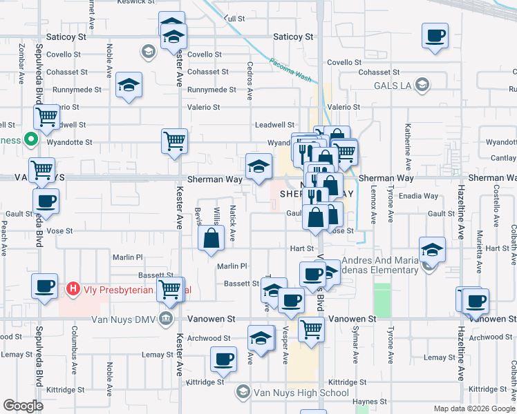 map of restaurants, bars, coffee shops, grocery stores, and more near 14650 Sherman Way in Los Angeles