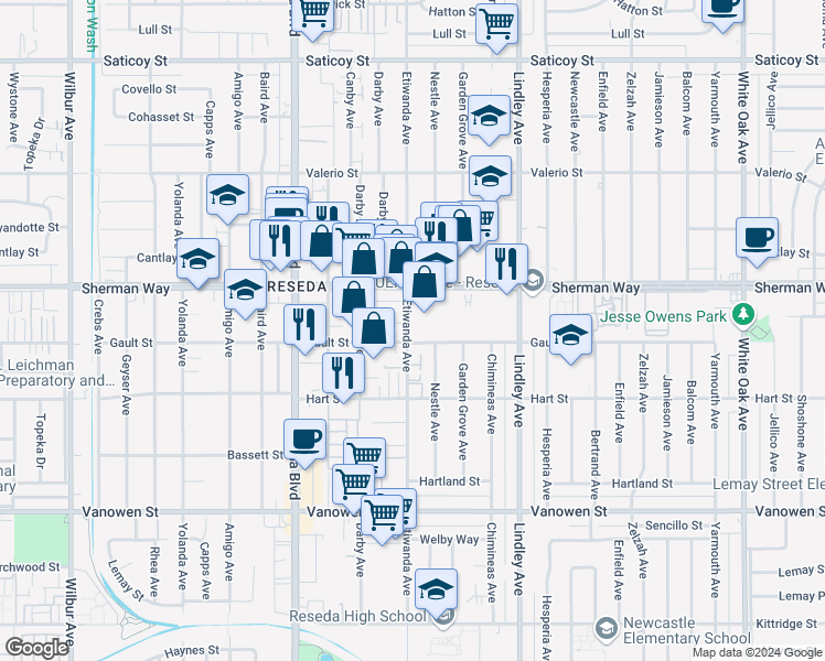 map of restaurants, bars, coffee shops, grocery stores, and more near 7124 Etiwanda Avenue in Los Angeles
