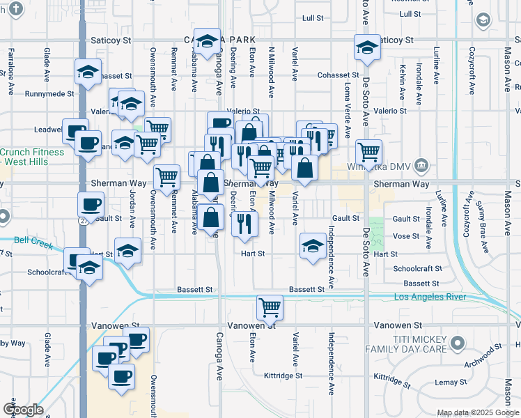 map of restaurants, bars, coffee shops, grocery stores, and more near 7127 Milwood Avenue in Los Angeles