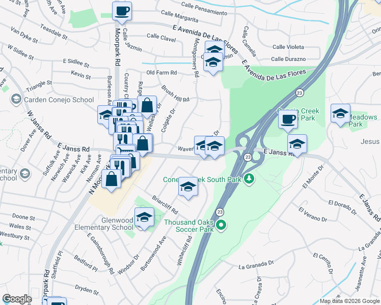 map of restaurants, bars, coffee shops, grocery stores, and more near 986 Waverly Heights Drive in Thousand Oaks
