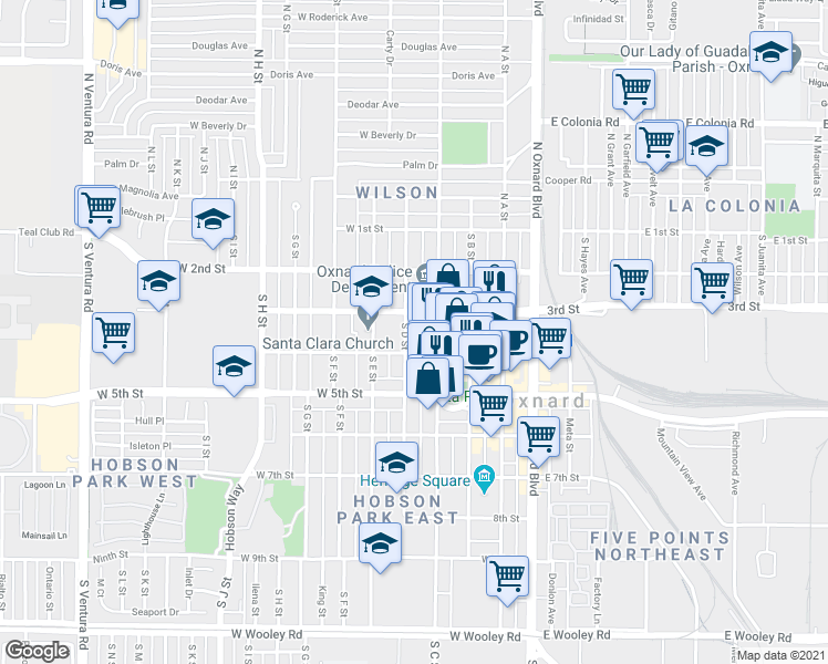 map of restaurants, bars, coffee shops, grocery stores, and more near 318 South D Street in Oxnard