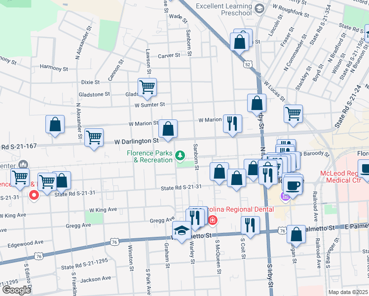map of restaurants, bars, coffee shops, grocery stores, and more near 550 West Darlington Street in Florence