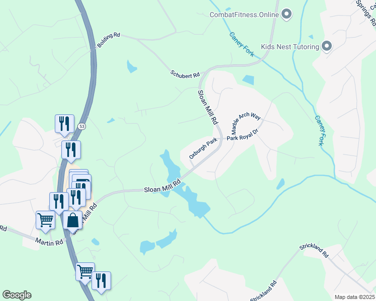 map of restaurants, bars, coffee shops, grocery stores, and more near 4426 Oxburgh Park in Flowery Branch