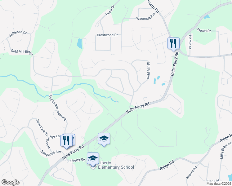 map of restaurants, bars, coffee shops, grocery stores, and more near 325 Downing Creek Trail in Canton