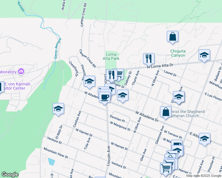 map of restaurants, bars, coffee shops, grocery stores, and more near 603 Villa Zanita Street in Altadena