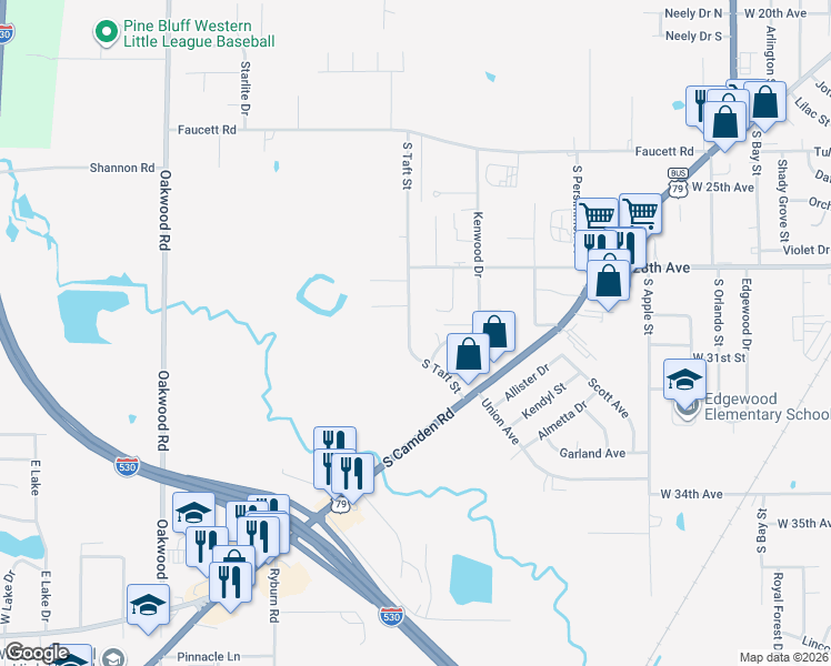 map of restaurants, bars, coffee shops, grocery stores, and more near 2821 Kimberly Street in Pine Bluff