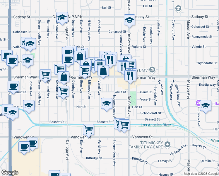 map of restaurants, bars, coffee shops, grocery stores, and more near 21021 Gault Street in Los Angeles
