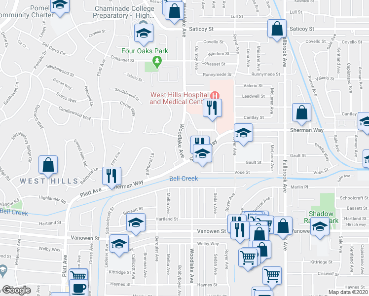 map of restaurants, bars, coffee shops, grocery stores, and more near 1150 Woodlake Avenue in Los Angeles