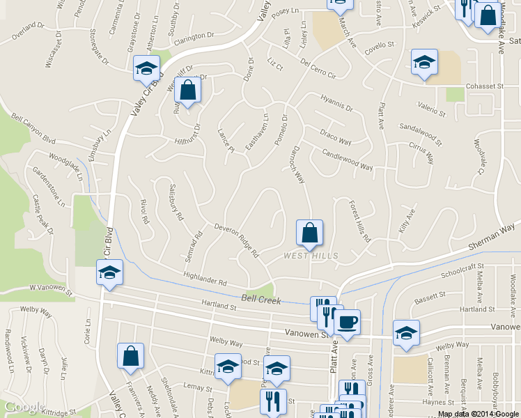 map of restaurants, bars, coffee shops, grocery stores, and more near 7057 Middlesbury Ridge Circle in Los Angeles