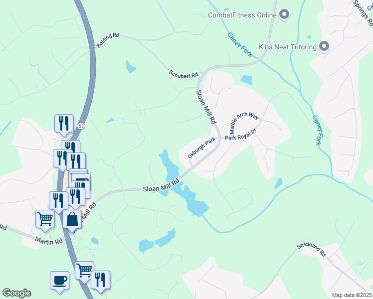 map of restaurants, bars, coffee shops, grocery stores, and more near 4426 Oxburgh Park in Flowery Branch