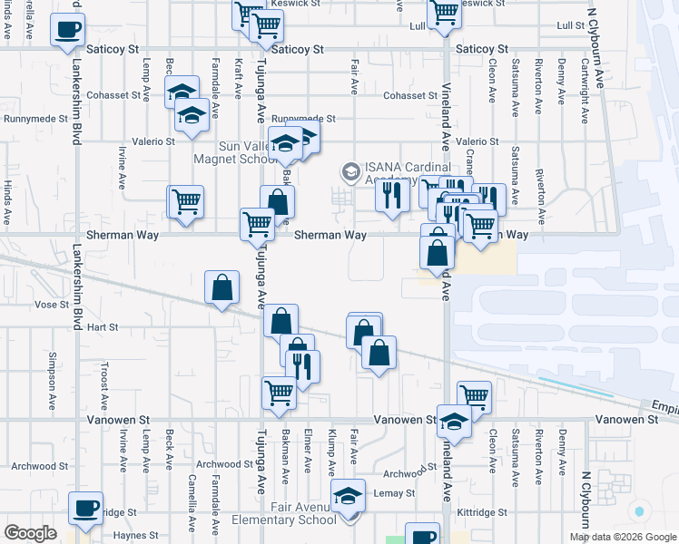 map of restaurants, bars, coffee shops, grocery stores, and more near 7119 Fair Ave in Los Angeles