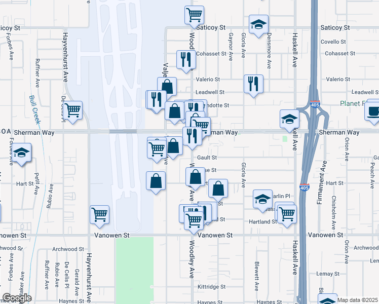 map of restaurants, bars, coffee shops, grocery stores, and more near 7117 Woodley Avenue in Los Angeles