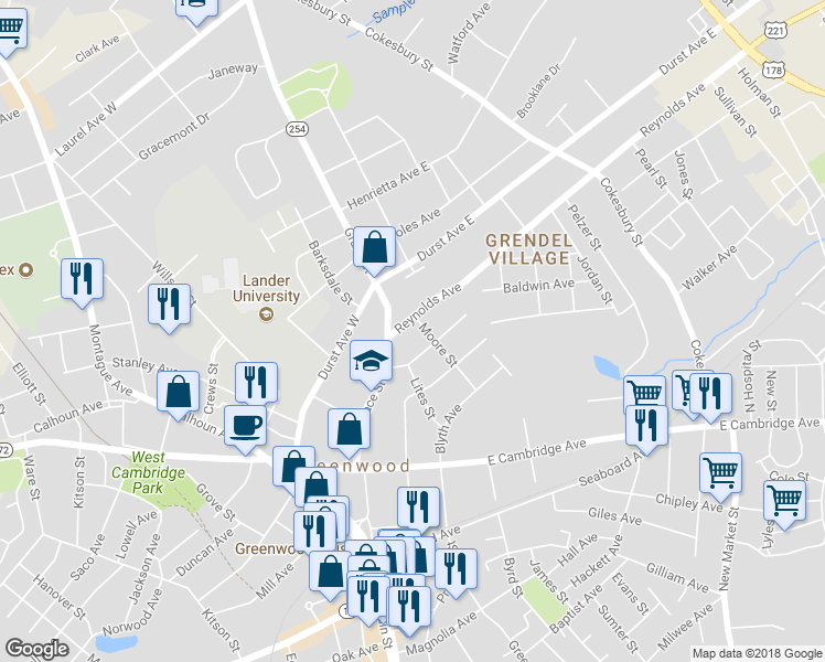 map of restaurants, bars, coffee shops, grocery stores, and more near 112 Reynolds Avenue in Greenwood