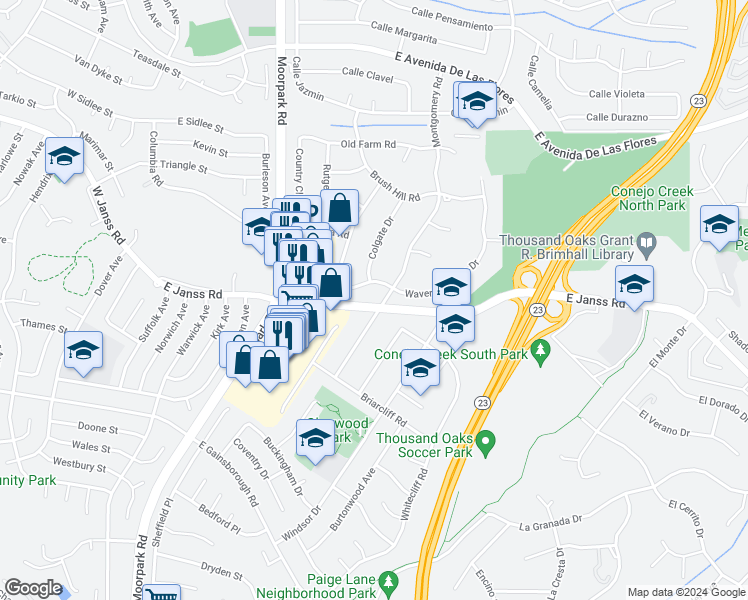 map of restaurants, bars, coffee shops, grocery stores, and more near 1633 Montgomery Road in Thousand Oaks