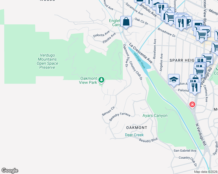 map of restaurants, bars, coffee shops, grocery stores, and more near 3422 Esperanza Terrace in Glendale