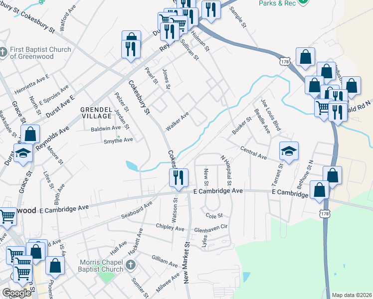 map of restaurants, bars, coffee shops, grocery stores, and more near 212 Cokesbury Street in Greenwood