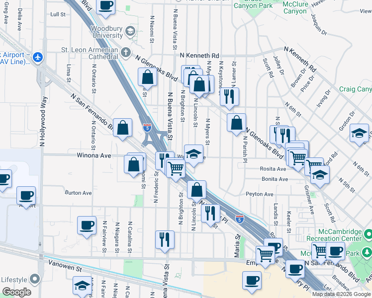map of restaurants, bars, coffee shops, grocery stores, and more near 2412 North Brighton Street in Burbank