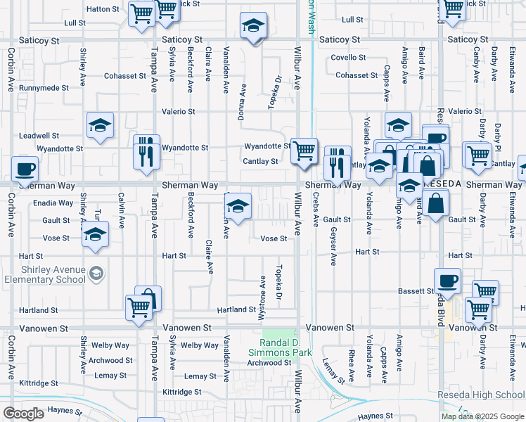map of restaurants, bars, coffee shops, grocery stores, and more near 18987 Gault Street in Los Angeles