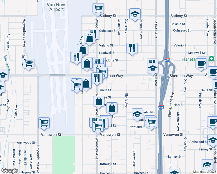 map of restaurants, bars, coffee shops, grocery stores, and more near 16015 Gault Street in Los Angeles