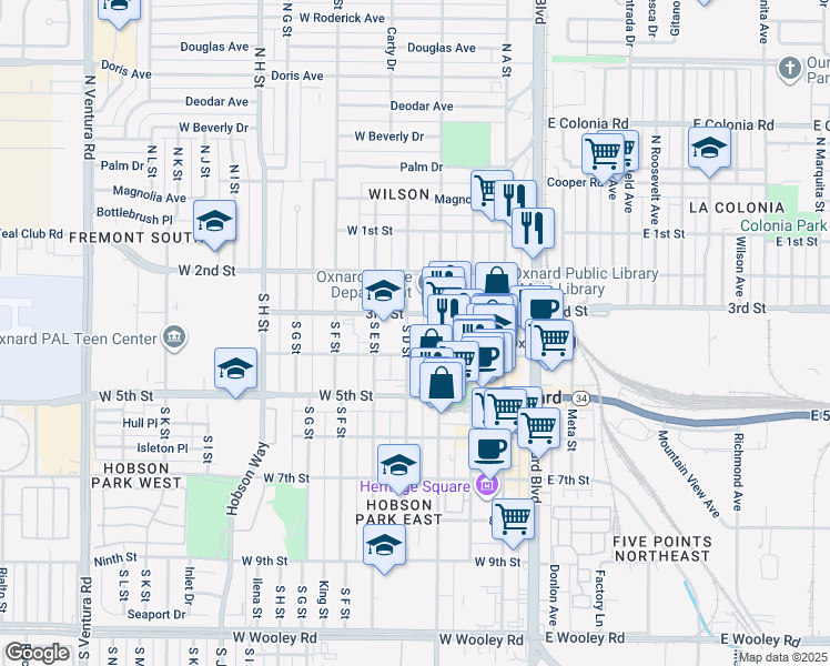 map of restaurants, bars, coffee shops, grocery stores, and more near 328 South D Street in Oxnard
