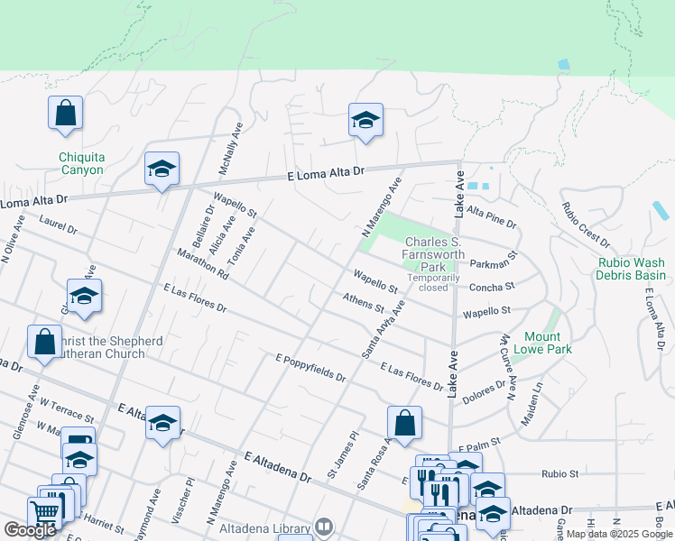 map of restaurants, bars, coffee shops, grocery stores, and more near 3249 North Marengo Avenue in Altadena